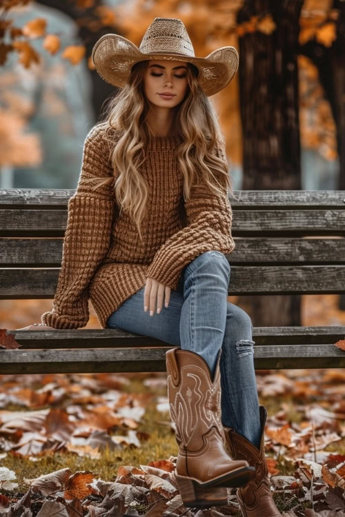 a woman wears a brown sweater, jeans and brown cowboy boots