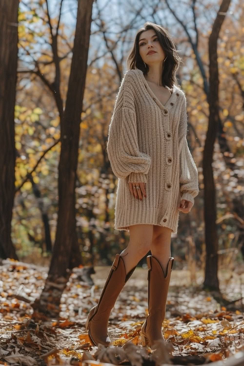 a woman wears a button sweater dress and brown cowboy boots