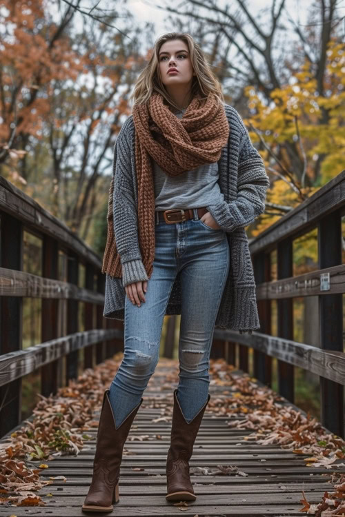 a woman wears a cardigan, a large scarf, jeans and brown cowboy boots