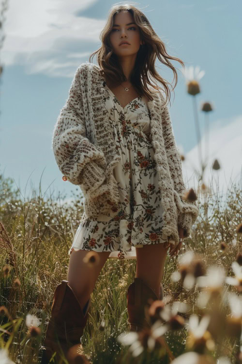 a woman wears a cardigan, a short floral dress with brown cowboy boots