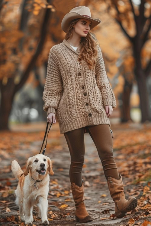 a woman wears a cardigan, brown pants and brown cowboy boots