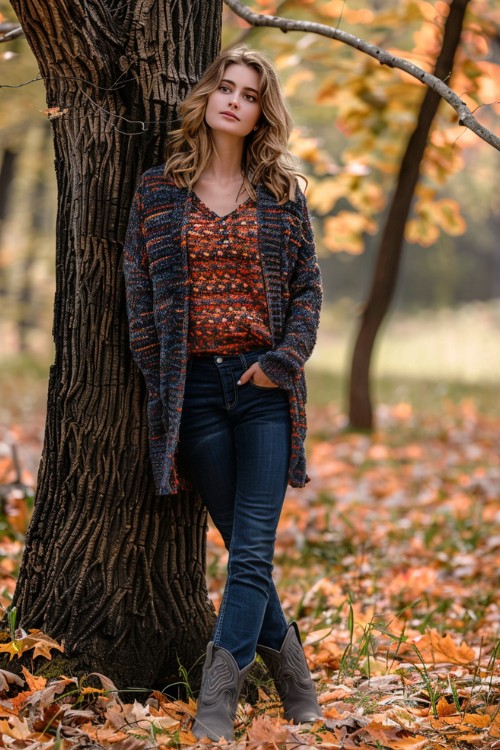 a woman wears a cardigan, jeans with grey short cowboy boots