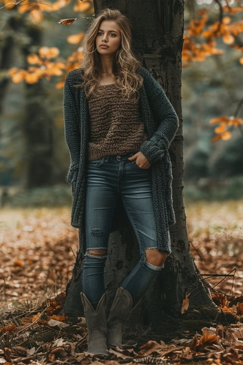 a woman wears a chunky cardigan, ripped jeans and grey short cowboy boots