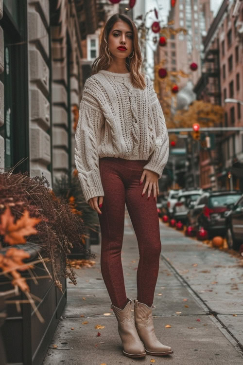 a woman wears a cream sweater, brown jeans and nude short cowboy boots