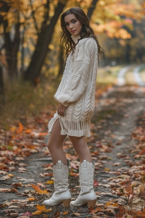 a woman wears a cream sweater dress and white cowboy boots