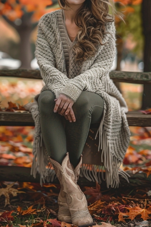 a woman wears a crochet cardigan, grey pants with short cowboy boots