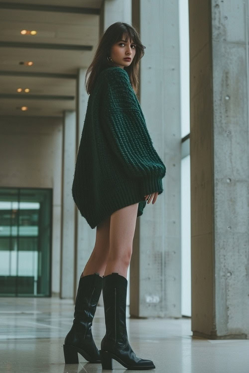 a woman wears a dark green sweater dress and black cowboy boots