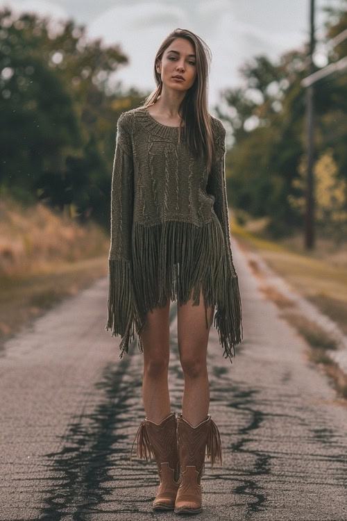 a woman wears a dark green sweater dress, and brown fringe cowboy boots