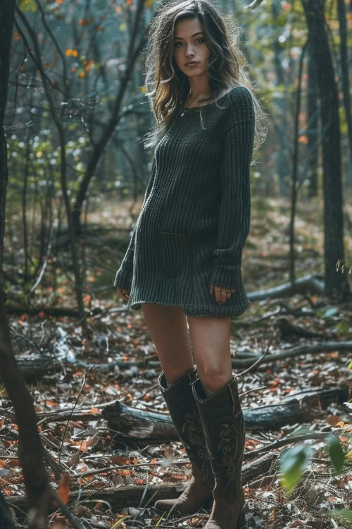 a woman wears a dark green sweater dress, and dark brown cowboy boots