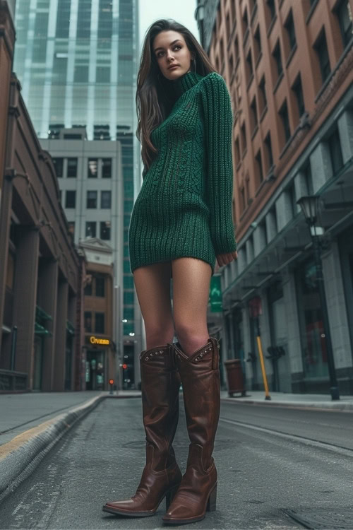 a woman wears a dark green sweater dress and tall brown cowboy boots