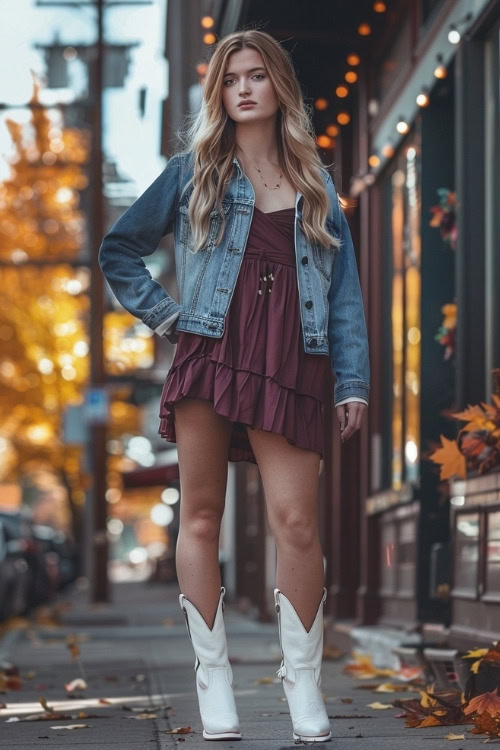 a woman wears a dark red dress, a denim jacket and white short cowboy boots