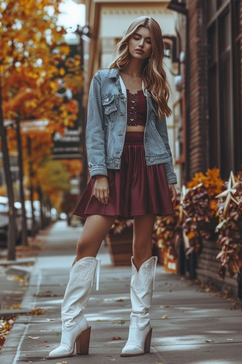 a woman wears a dark red sweater, a denim jacket and white cowboy boots