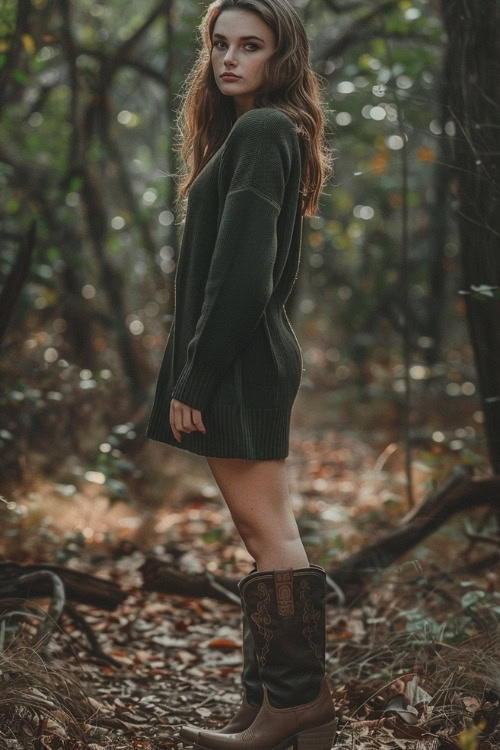 a woman wears a dark sweater dress and brown cowboy boots