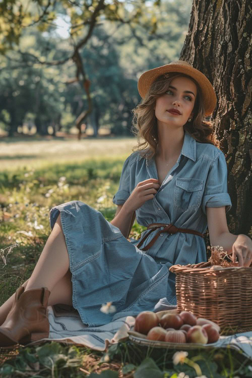 a woman wears a denim dress with brown ankle cowboy boots