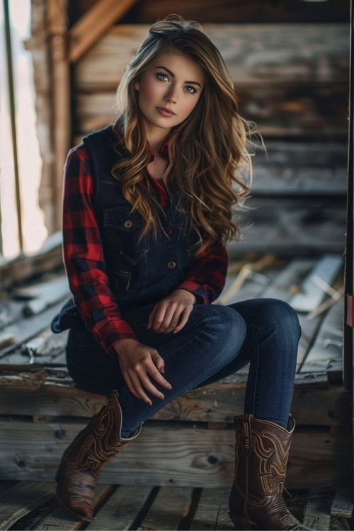 a woman wears a denim vest, a plaid shirt, jeans and brown cowboy boots