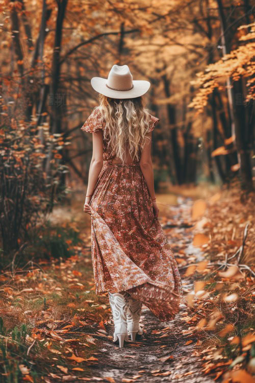 a woman wears a floral dress, a hat and white cowboy boots