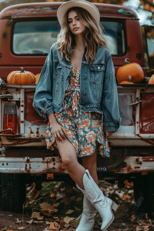 a woman wears a floral dress, a jean jacket with white cowboy boots