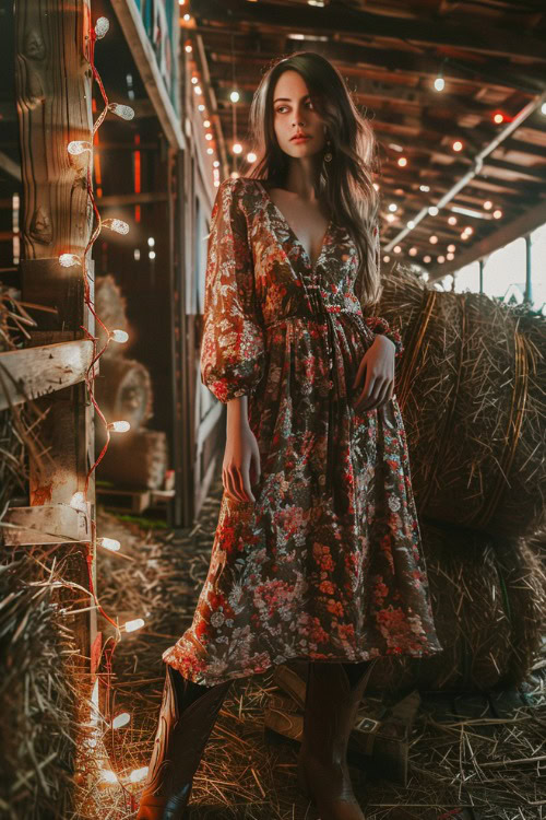 a woman wears a floral dress and brown cowboy boots