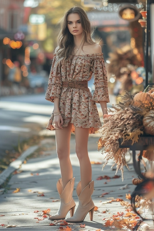 a woman wears a floral dress and cream short cowboy boots