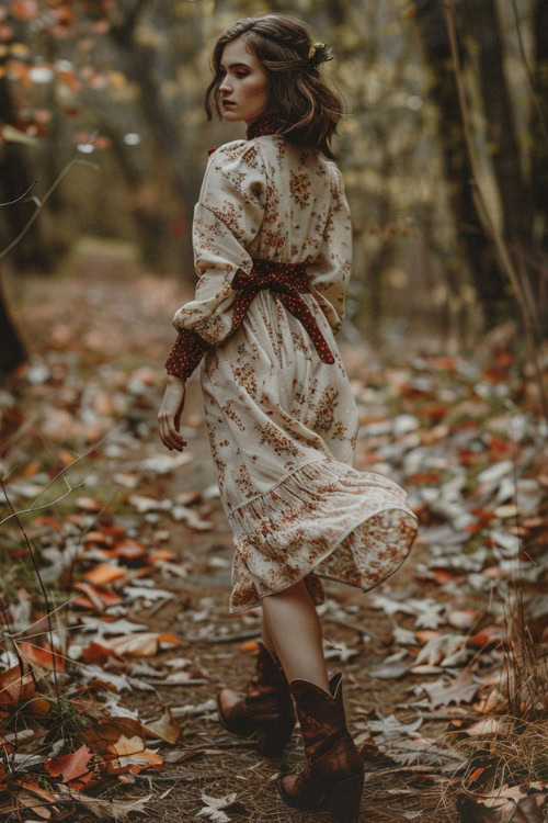 a woman wears a floral dress with brown short cowboy boots