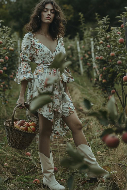 a woman wears a floral dress with white cowboy boots