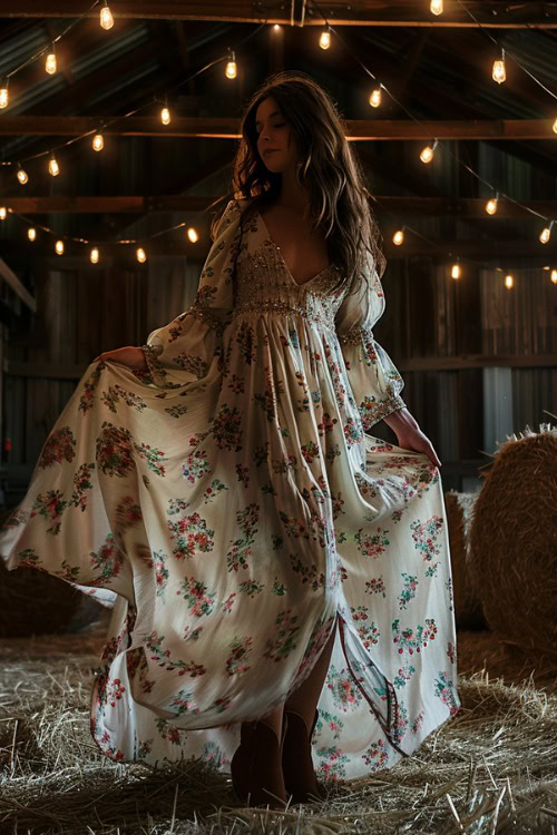 a woman wears a floral long white dress with ankle cowboy boots