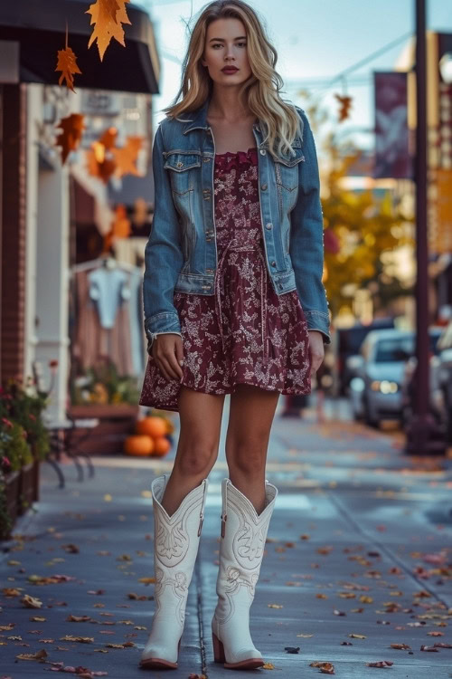 a woman wears a floral red dress, a denim jacket and white cowboy boots