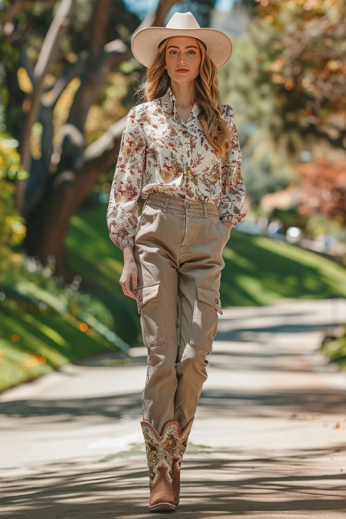 a woman wears a floral shirt, beige cargo pants and brown cowboy boots