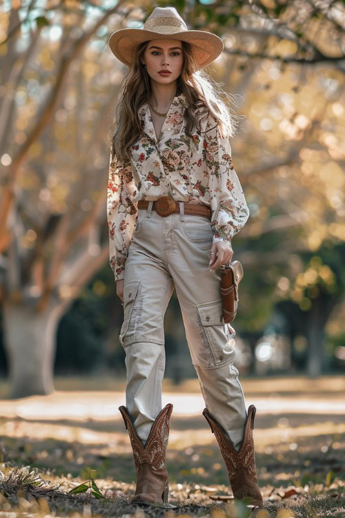 a woman wears a floral shirt, cargo pants and brown cowboy boots