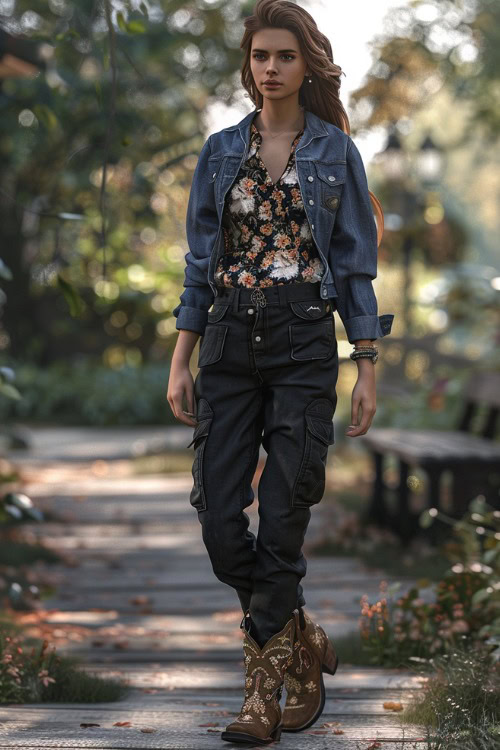 a woman wears a floral shirt with cargo pants and brown cowboy boots