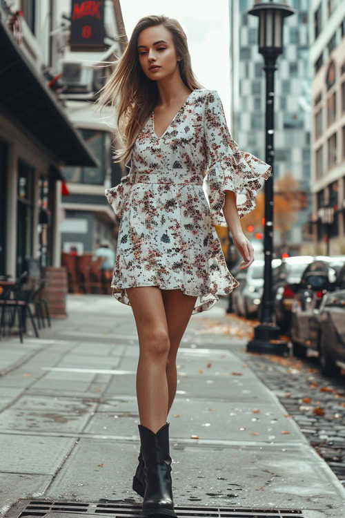 a woman wears a floral short dress with black ankle cowboy boots