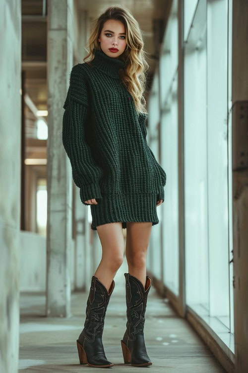 a woman wears a forest green sweater dress with black cowboy boots