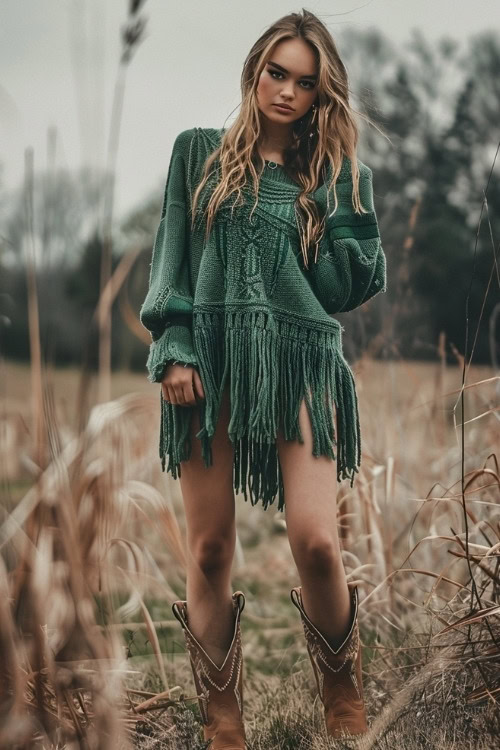 a woman wears a fringe green sweater dress and brown cowboy boots