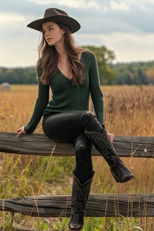 a woman wears a green sweater, black pants and black cowboy boots