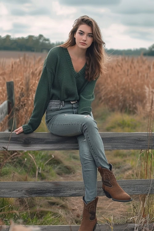 a woman wears a green sweater, blue jeans and brown ankle cowboy boots