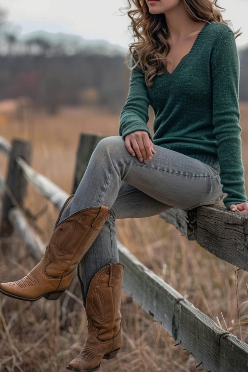 a woman wears a green sweater, blue jeans and brown cowboy boots