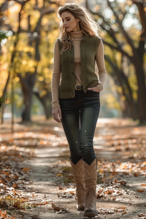 a woman wears a green sweater vest, jeans and brown cowboy boots