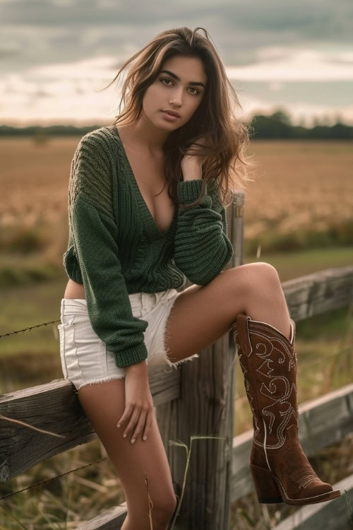 a woman wears a green sweater, white shorts and brown cowboy boots (2)