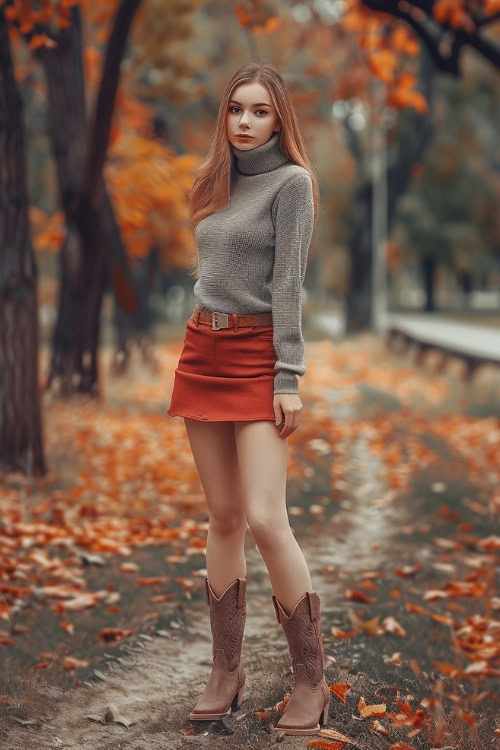 a woman wears a grey sweater, a red skirt, and brown cowboy boots