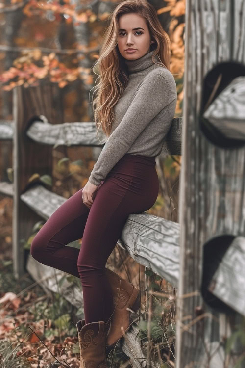 a woman wears a grey sweater, burgundy leggings with short cowboy boots