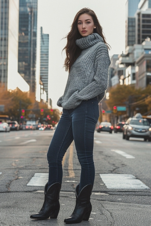 a woman wears a grey sweater, jeans and black cowboy boots