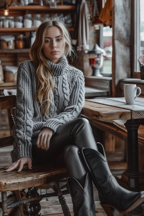 a woman wears a grey sweater, leather pants and black cowboy boots