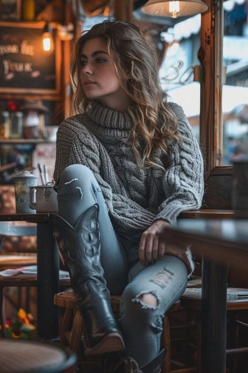 a woman wears a grey sweater, ripped jeans and black cowboy boots