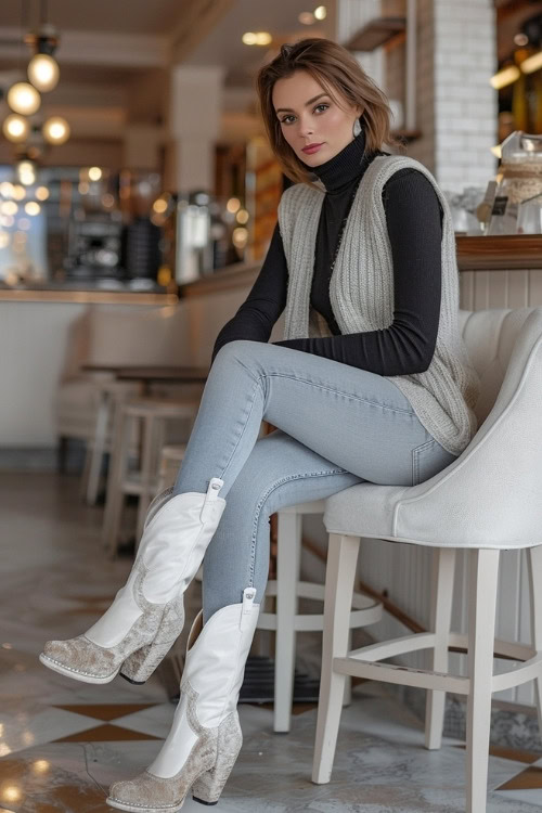 a woman wears a grey sweater vest, a black turtleneck, blue jeans and white cowboy boots