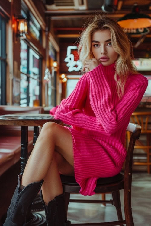 a woman wears a hot pink sweater dress and black cowboy boots