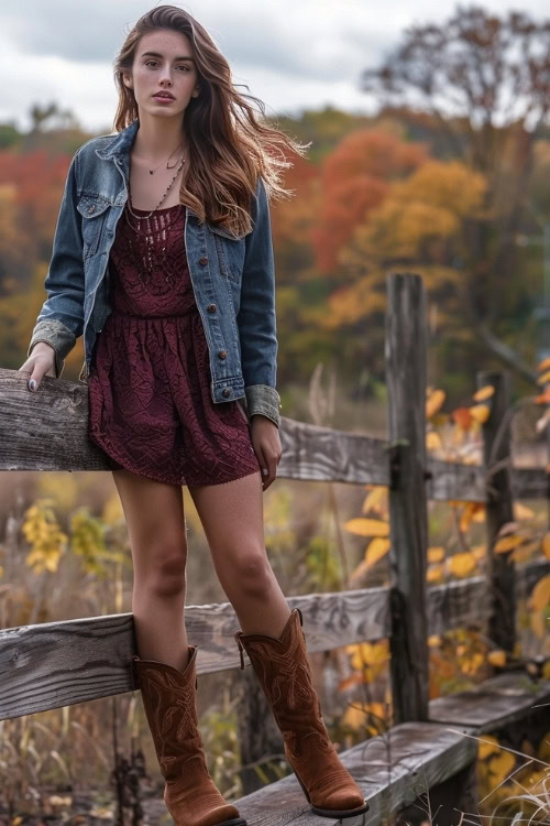 a woman wears a lace dark red dress, a denim jacket and brown cowboy boots