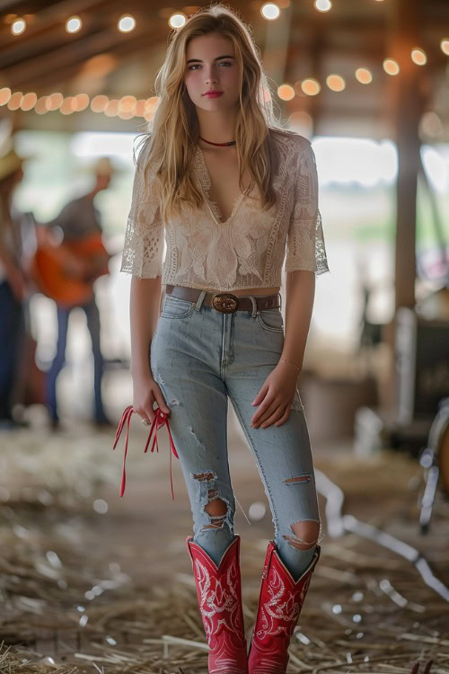 a woman wears a lace top, ripped jeans with red cowboy boots