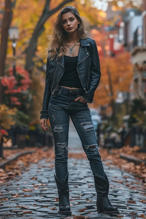 a woman wears a leather jacket, a black top, ripped jeans and black cowboy boots