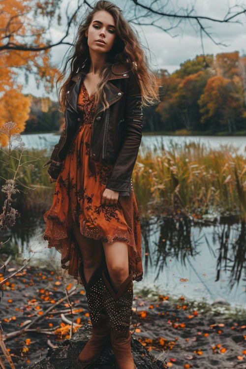 a woman wears a leather jacket, an orange dress with brown cowboy boots