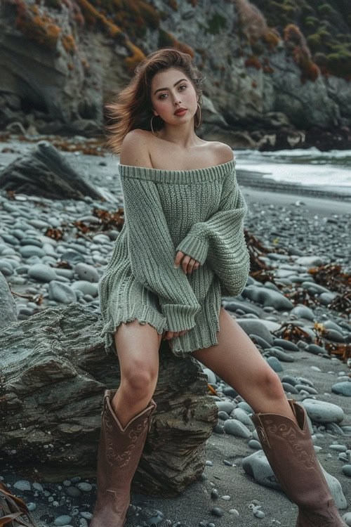 a woman wears a light green sweater dress and brown cowboy boots